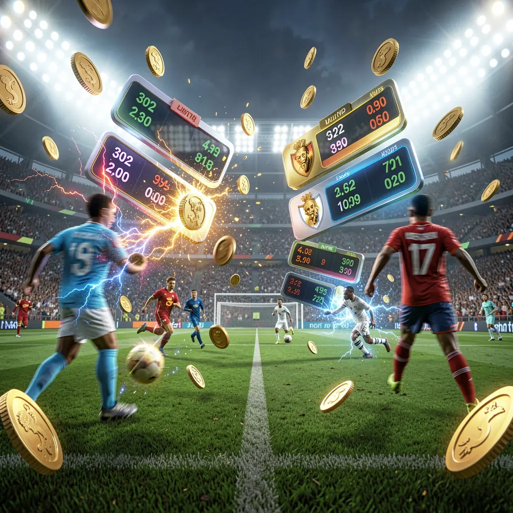 Adegan taruhan sepak bola langsung di stadion sepak bola yang terang benderang dengan pemain yang buram sedang beraksi, panel peluang melayang, koin, dan efek energi dinamis, menampilkan render sinematik premium N9N9