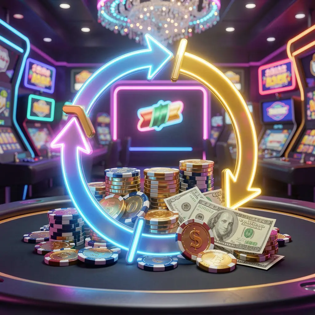 Visual bonus isi ulang kasino N9N9 menampilkan panah melingkar bercahaya di sekitar koin, chip, dan uang tunai dengan latar belakang kasino neon modern dalam render 3D berdetail tinggi Visual bonus isi ulang kasino N9N9 menampilkan panah melingkar bercahaya di sekitar koin, chip, dan uang tunai dengan latar belakang kasino neon modern dalam render 3D berdetail tinggi