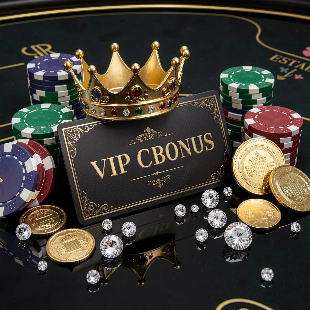 Konsep bonus kasino VIP N9N9 menampilkan mahkota emas, kartu keanggotaan mewah, chip poker, berlian, dan koin yang ditampilkan di atas meja hitam mengilap dalam gaya premium yang elegan Konsep bonus kasino VIP N9N9 menampilkan mahkota emas, kartu keanggotaan mewah, chip poker, berlian, dan koin yang ditampilkan di atas meja hitam mengilap dalam gaya premium yang elegan
