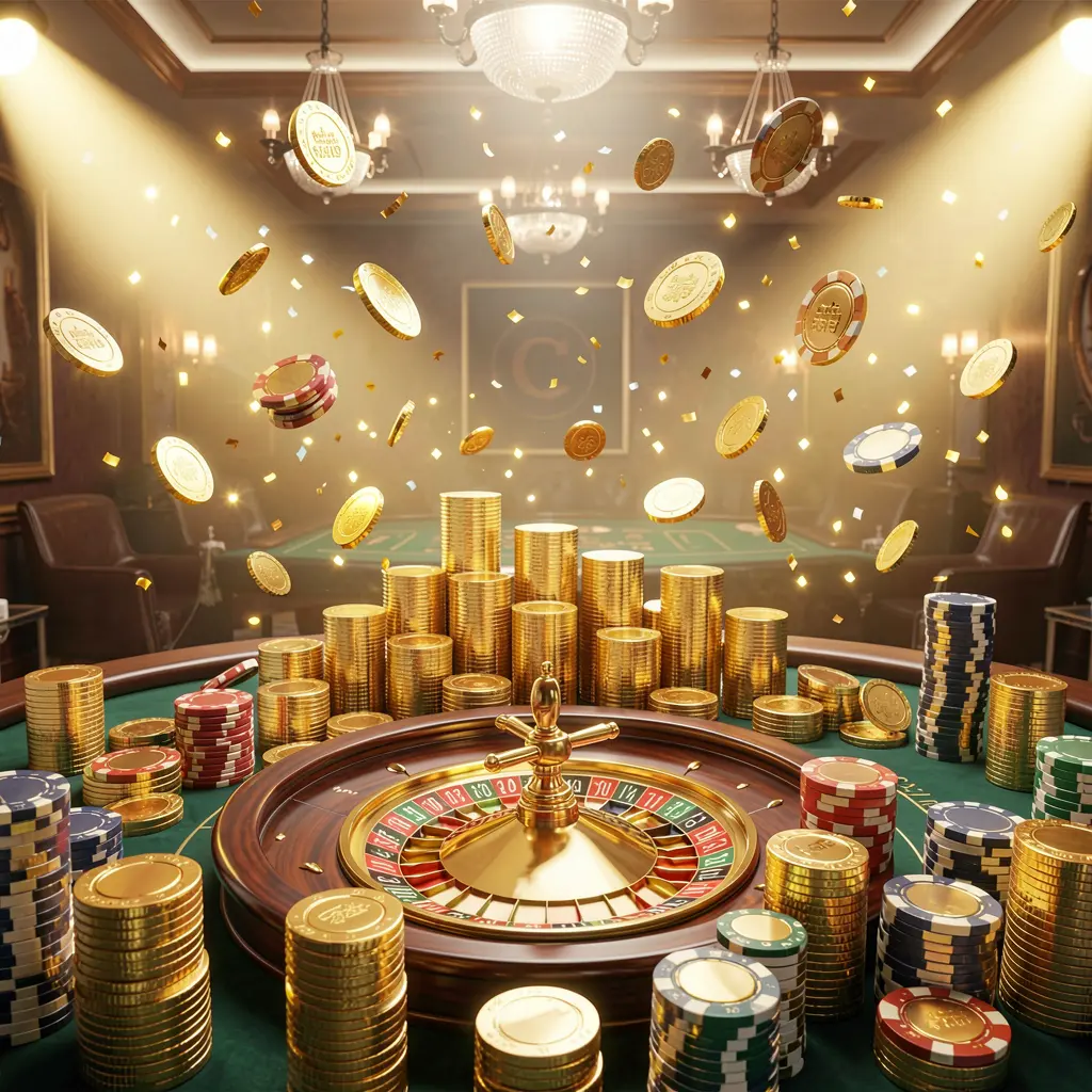 Adegan jackpot kasino N9N9 dengan koin emas, chip poker berwarna-warni, dan roda roulette di bawah cahaya terang bercahaya dalam suasana perayaan mewah Adegan jackpot kasino N9N9 dengan koin emas, chip poker berwarna-warni, dan roda roulette di bawah cahaya terang bercahaya dalam suasana perayaan mewah