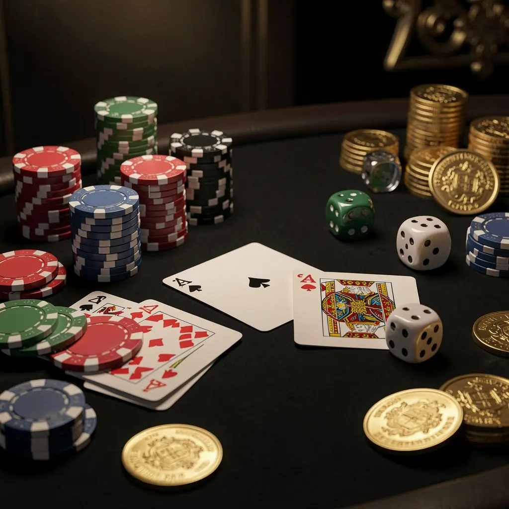 Tampilan dekat meja kasino N9N9 yang elegan menampilkan chip poker, kartu remi, dadu, dan koin emas dengan pencahayaan sinematik lembut dengan latar belakang hitam mewah Tampilan dekat meja kasino N9N9 yang elegan menampilkan chip poker, kartu remi, dadu, dan koin emas dengan pencahayaan sinematik lembut dengan latar belakang hitam mewah