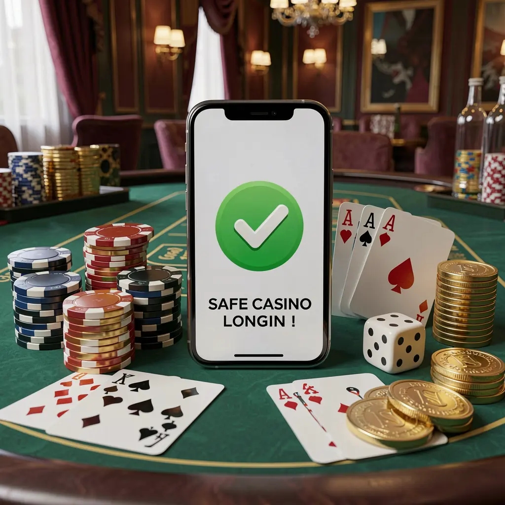 Konsep masuk kasino aman N9N9 menampilkan ponsel pintar dengan ikon tanda centang verifikasi yang dikelilingi chip, kartu, dadu, dan koin emas di atas meja kasino mewah yang elegan dalam render 3D realistis