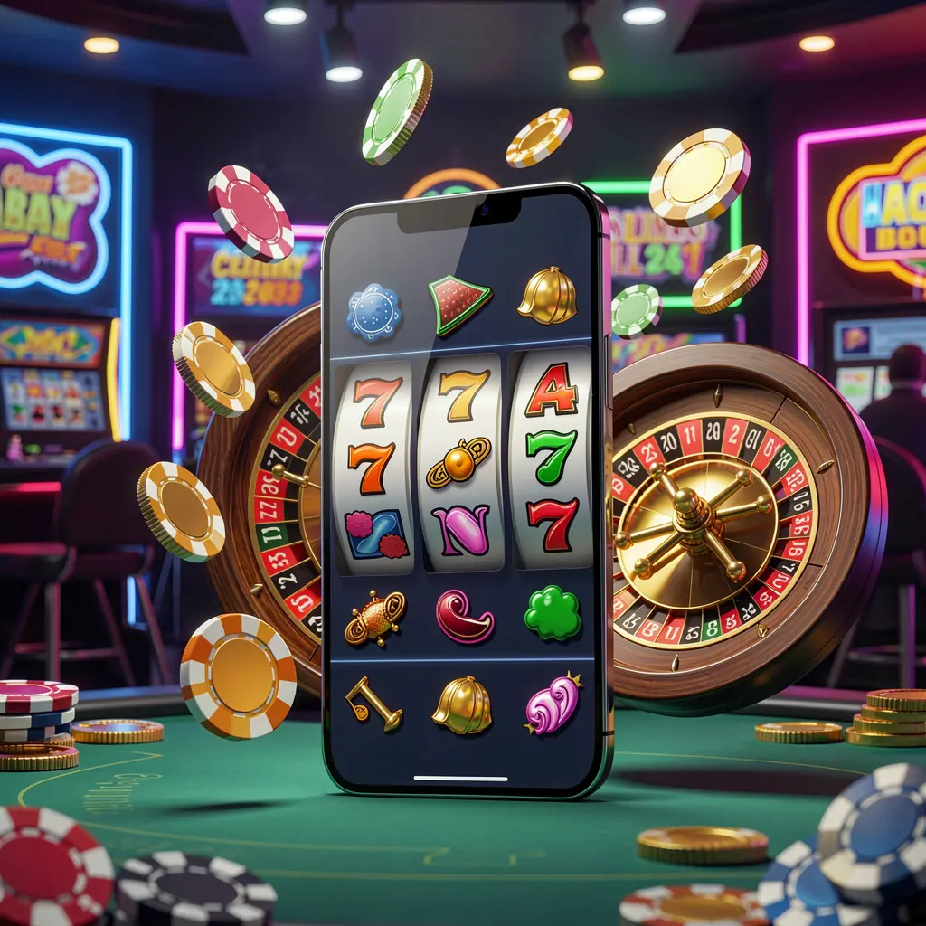 Konsep beranda hiburan kasino N9N9 menampilkan ponsel modern dengan simbol slot, roda roulette, chip, dan koin yang melayang di sekitarnya dengan latar belakang kasino neon dalam render 3D premium Konsep beranda hiburan kasino N9N9 menampilkan ponsel modern dengan simbol slot, roda roulette, chip, dan koin yang melayang di sekitarnya dengan latar belakang kasino neon dalam render 3D premium