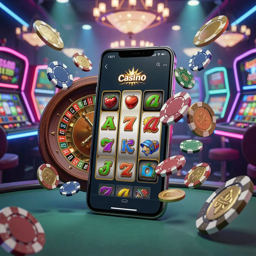 Konsep beranda hiburan kasino N9N9 menampilkan ponsel modern dengan simbol slot, roda roulette, chip, dan koin yang melayang di sekitarnya dengan latar belakang kasino neon dalam render 3D premium Konsep beranda hiburan kasino N9N9 menampilkan ponsel modern dengan simbol slot, roda roulette, chip, dan koin yang melayang di sekitarnya dengan latar belakang kasino neon dalam render 3D premium